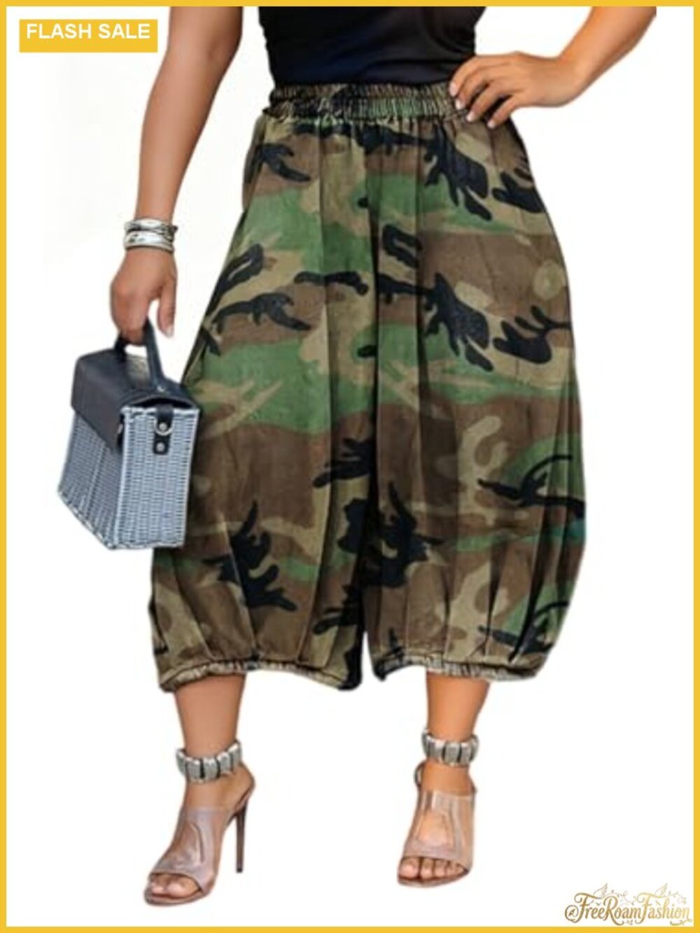 Womens Baggy Camo Cargo Jeans Elastic High Rise Wide Leg Cropped